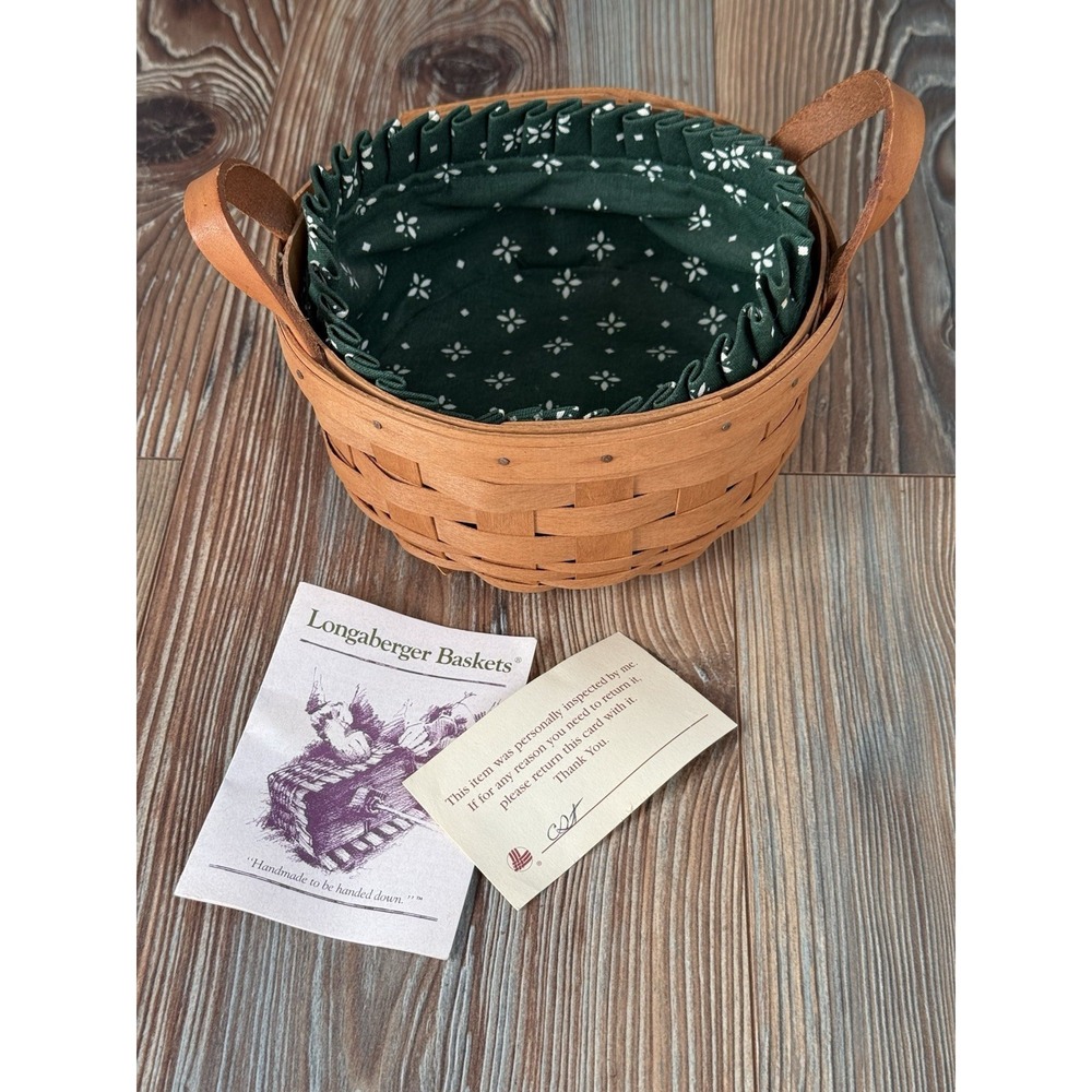 Longaberger 1994 Heartland Button Basket Leather Handles With Fabric Liner 7x6.5